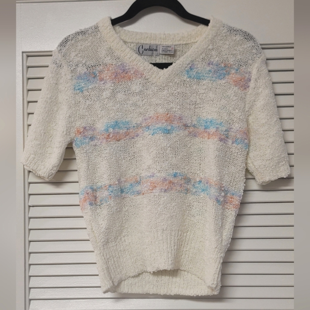 Carducci - (NWOT) Vintage Striped Nubby Knit Short-Sleeve V-Neck Sweater Top